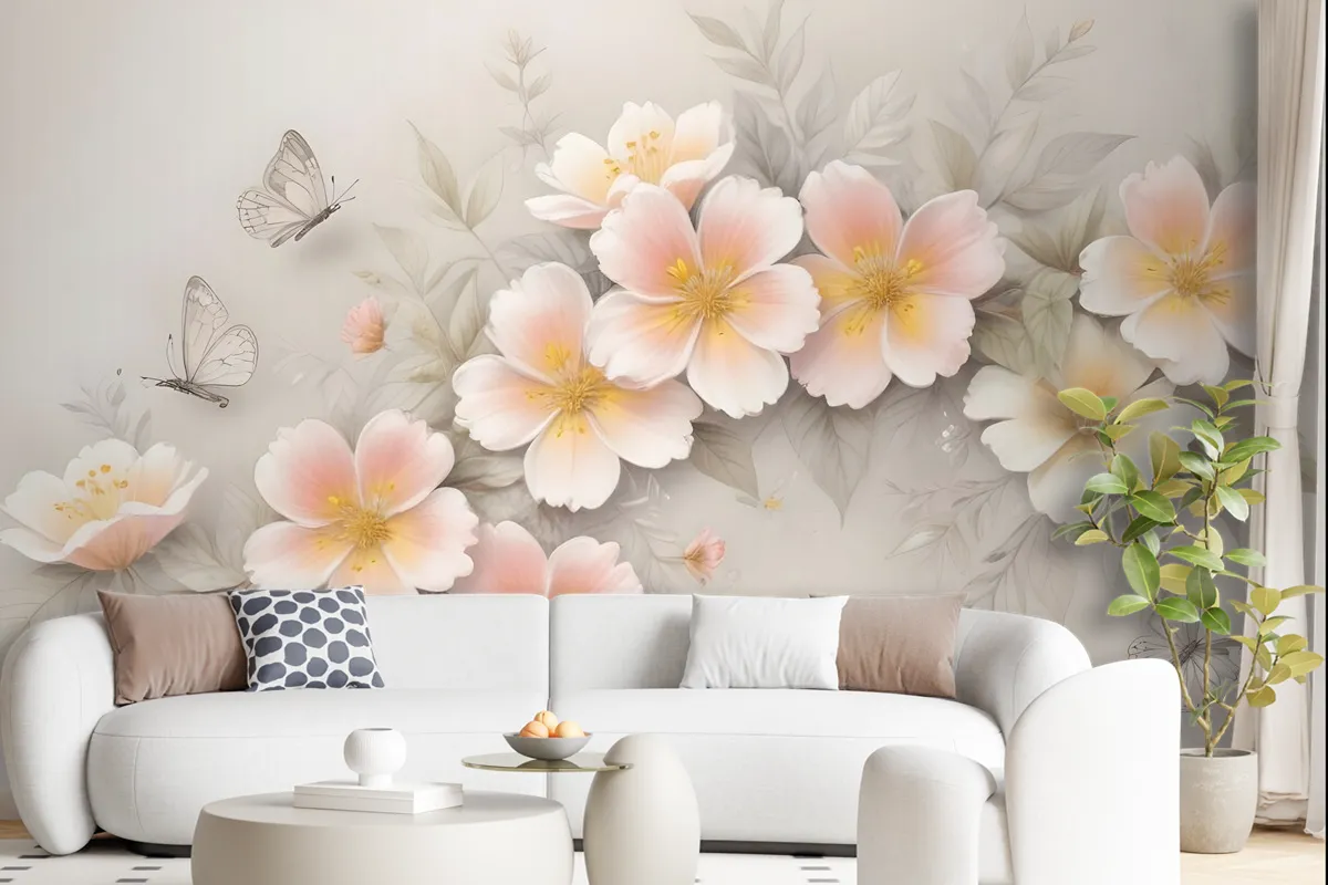 Pink Flower And White Butterfly Wallpaper Mural