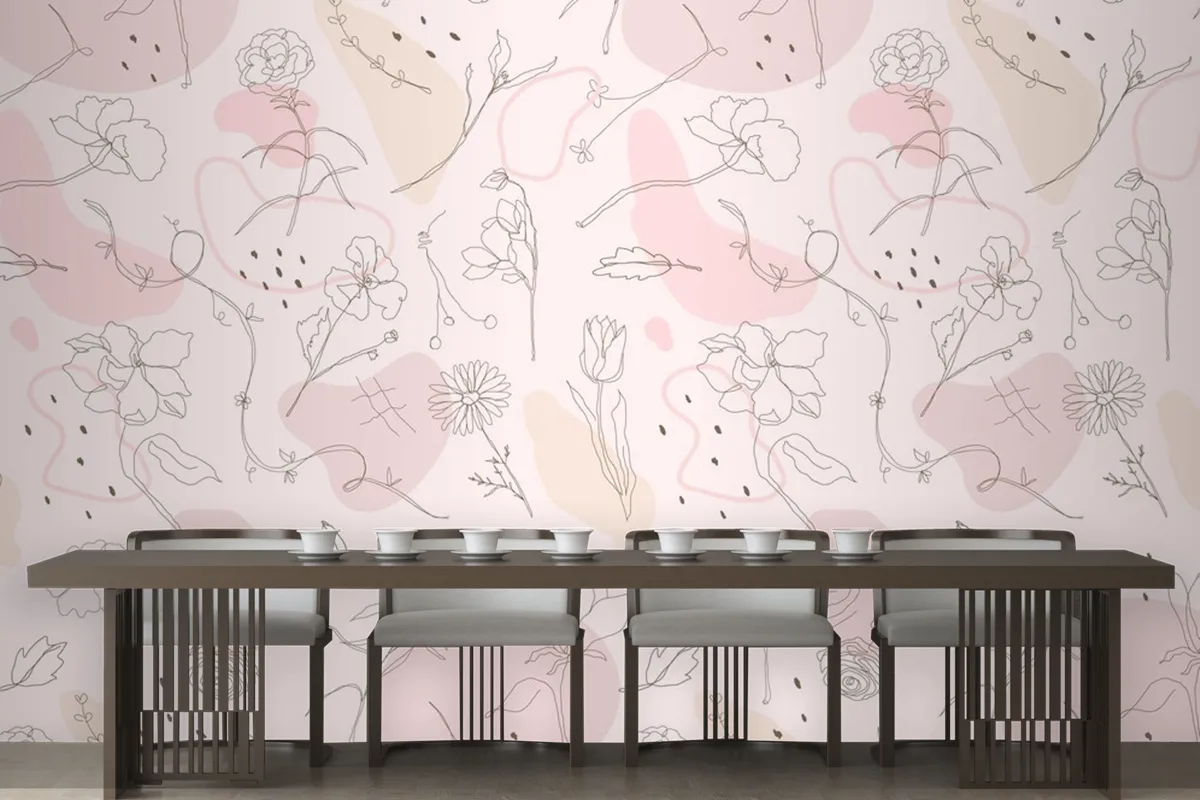 Pink Flower Pattern Wallpaper Hand Drawn Style Wallpaper Mural