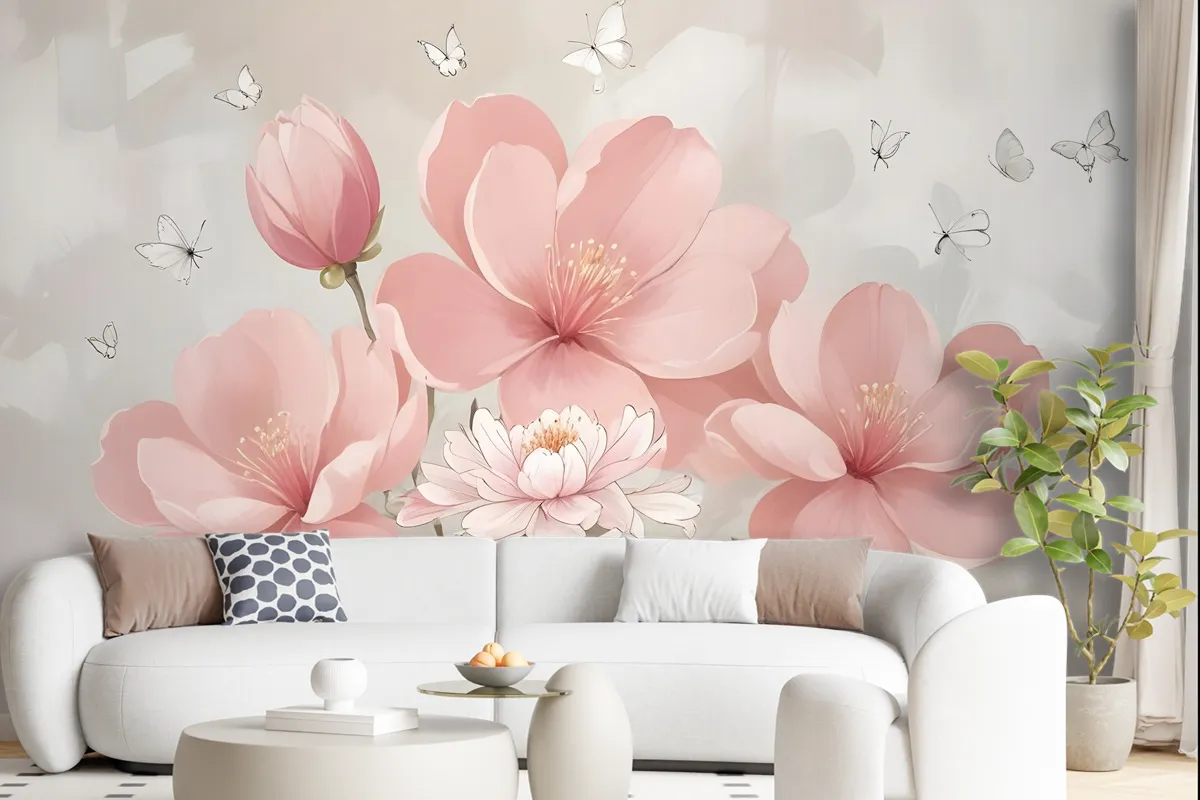 Pink Hdrangea Floral With Little Butterfly Wallpaper Mural