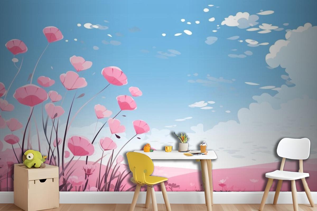 Pink Hearts In The Sky With Flowers And Clouds Wallpaper Mural