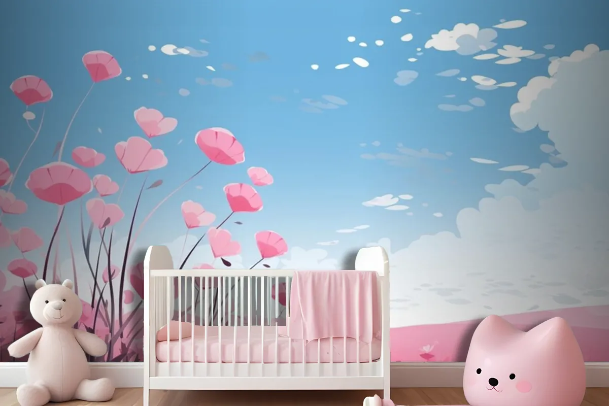 Pink Hearts In The Sky With Flowers And Clouds Wallpaper Mural