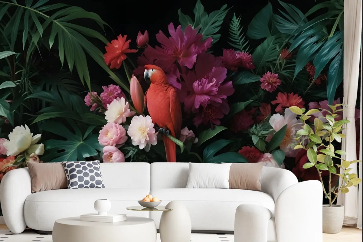 Red Parrot With Colorful Floral Wallpaper Mural