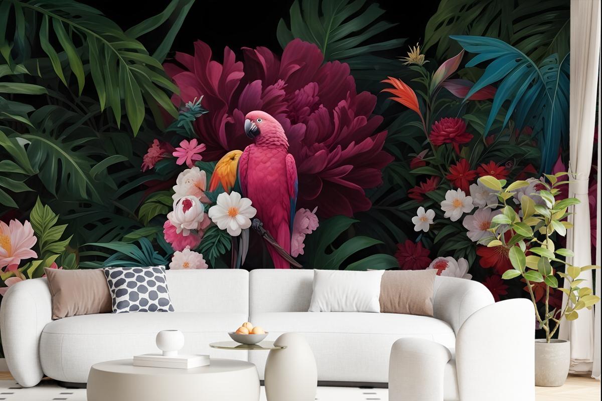 Pink Parrot With Colorful Floral Wallpaper Mural