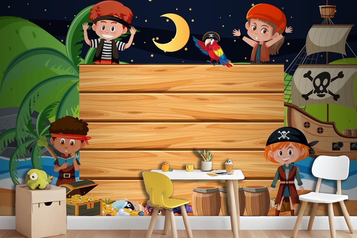 Pirate Kids At The Beach Night Scene With An Empty Wooden Wallpaper Mural