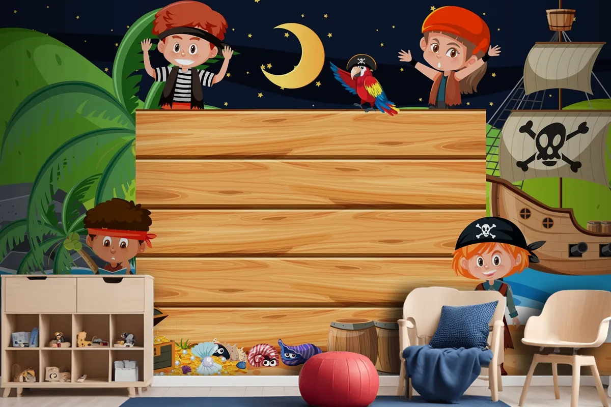 Pirate Kids At The Beach Night Scene With An Empty Wooden Wallpaper Mural