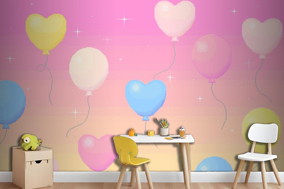 Pixel Art Background Of Balloons Flying In The Dreamy Sky Wallpaper Mural