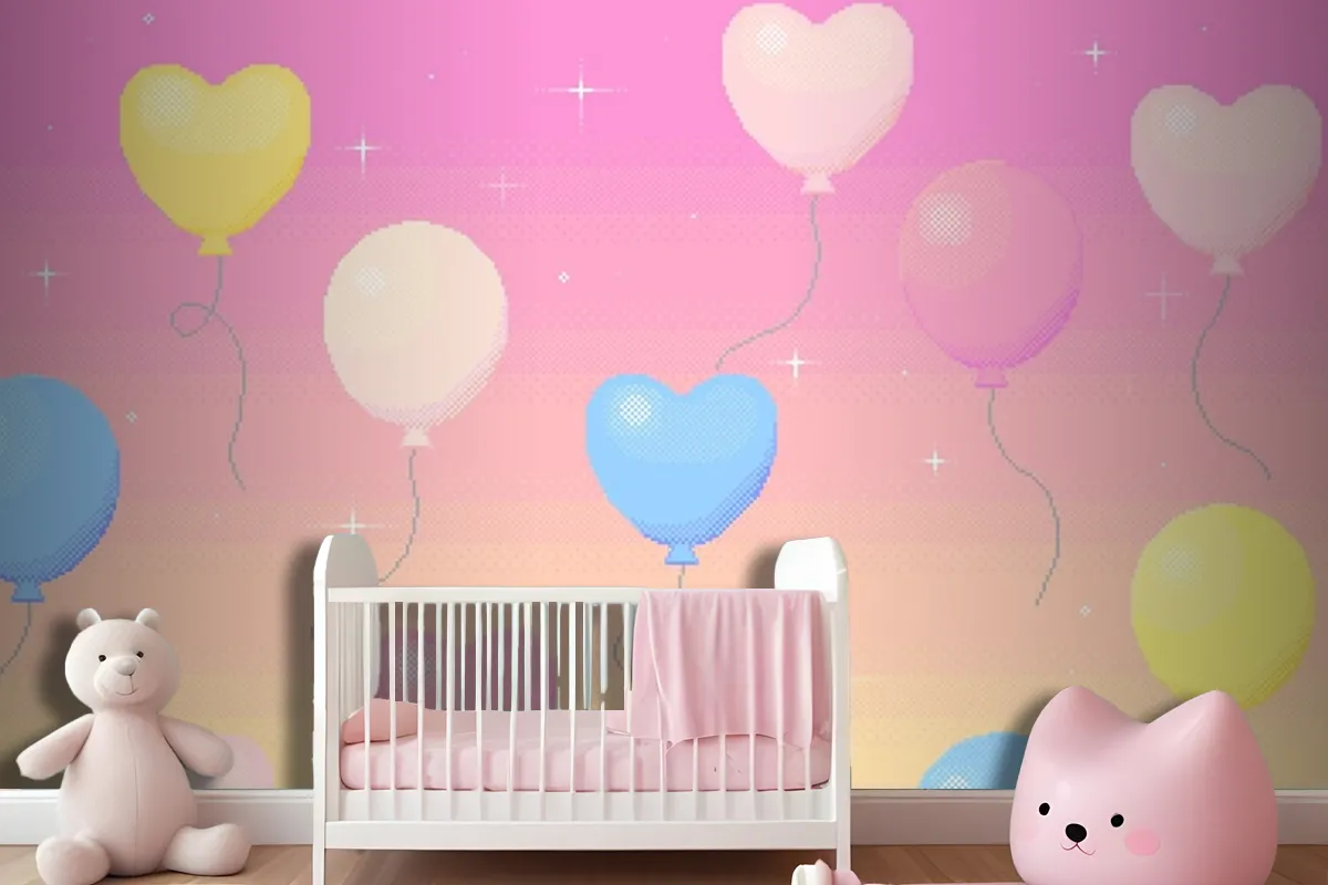 Pixel Art Background Of Balloons Flying In The Dreamy Sky Wallpaper Mural