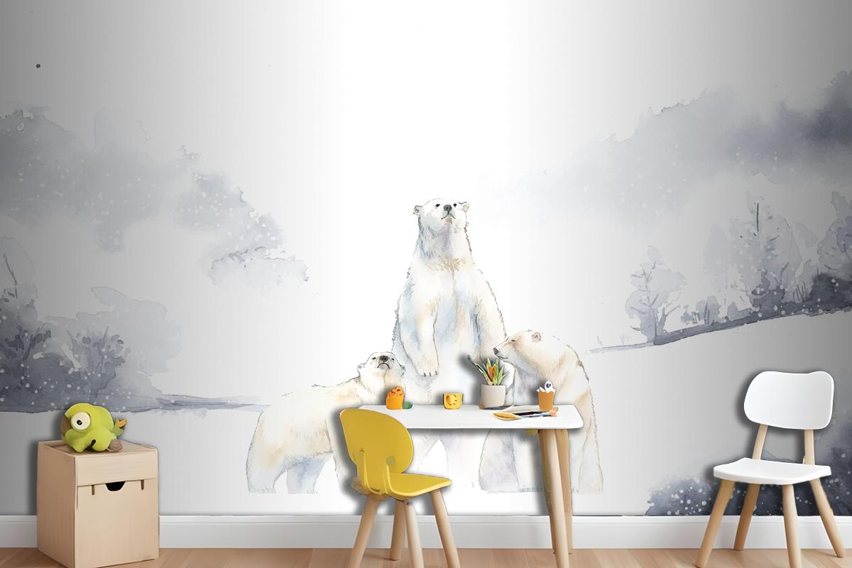 Polar Bears In The Snow Watercolor Wallpaper Mural