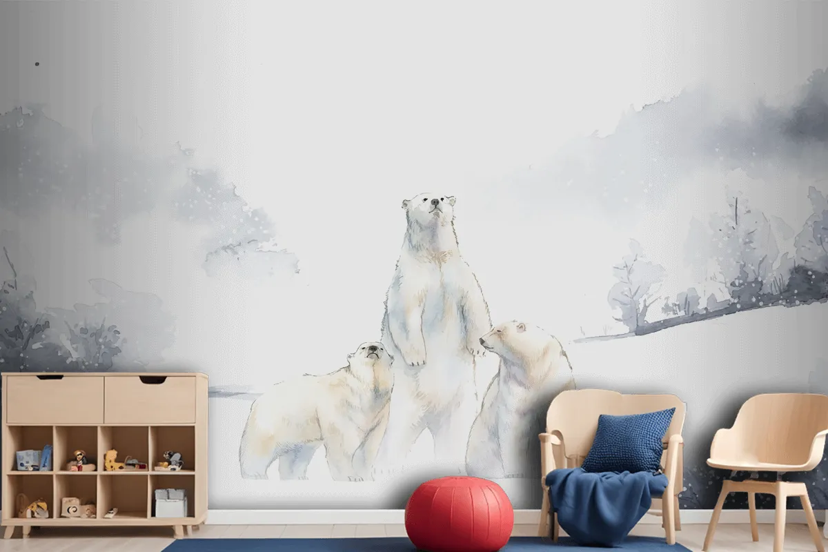 Polar Bears In The Snow Watercolor Wallpaper Mural