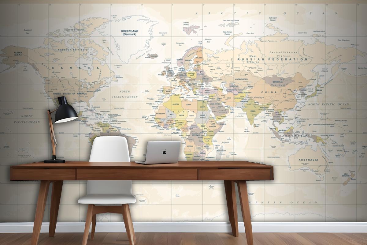 Political Physical Topographic Colored World Map Wallpaper Mural