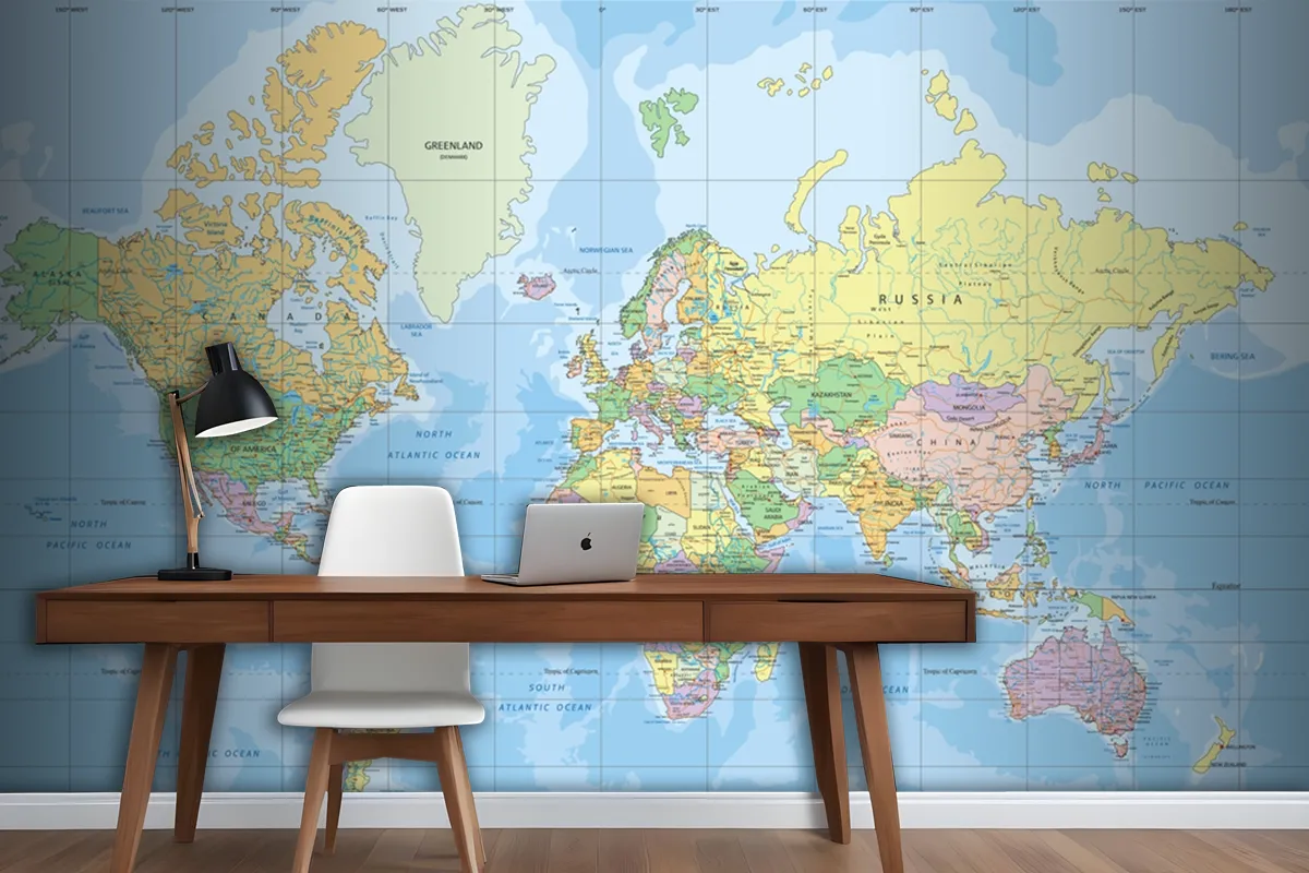 Political World Map In Mercator Projection Wallpaper Mural