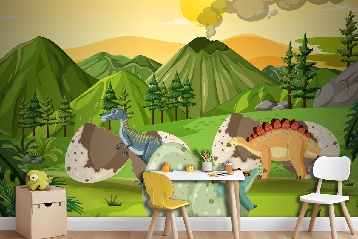 Prehistoric Forest With Dinosaur Cartoon Kids Wallpaper Mural