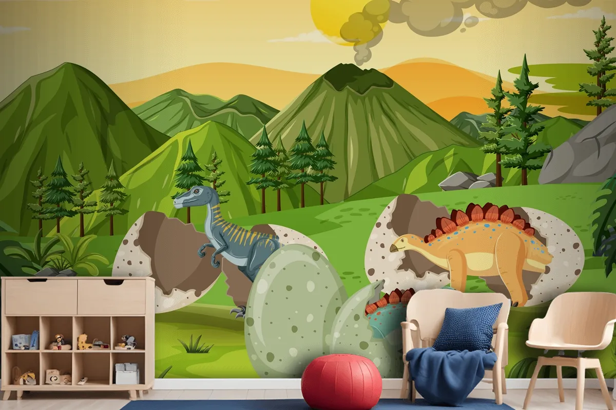 Prehistoric Forest With Dinosaur Cartoon Kids Wallpaper Mural