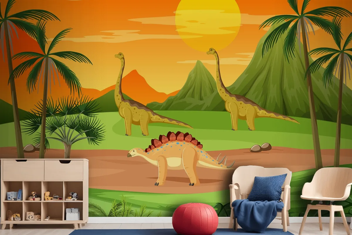 Prehistoric Forest With Dinosaur Cartoon Wallpaper Mural