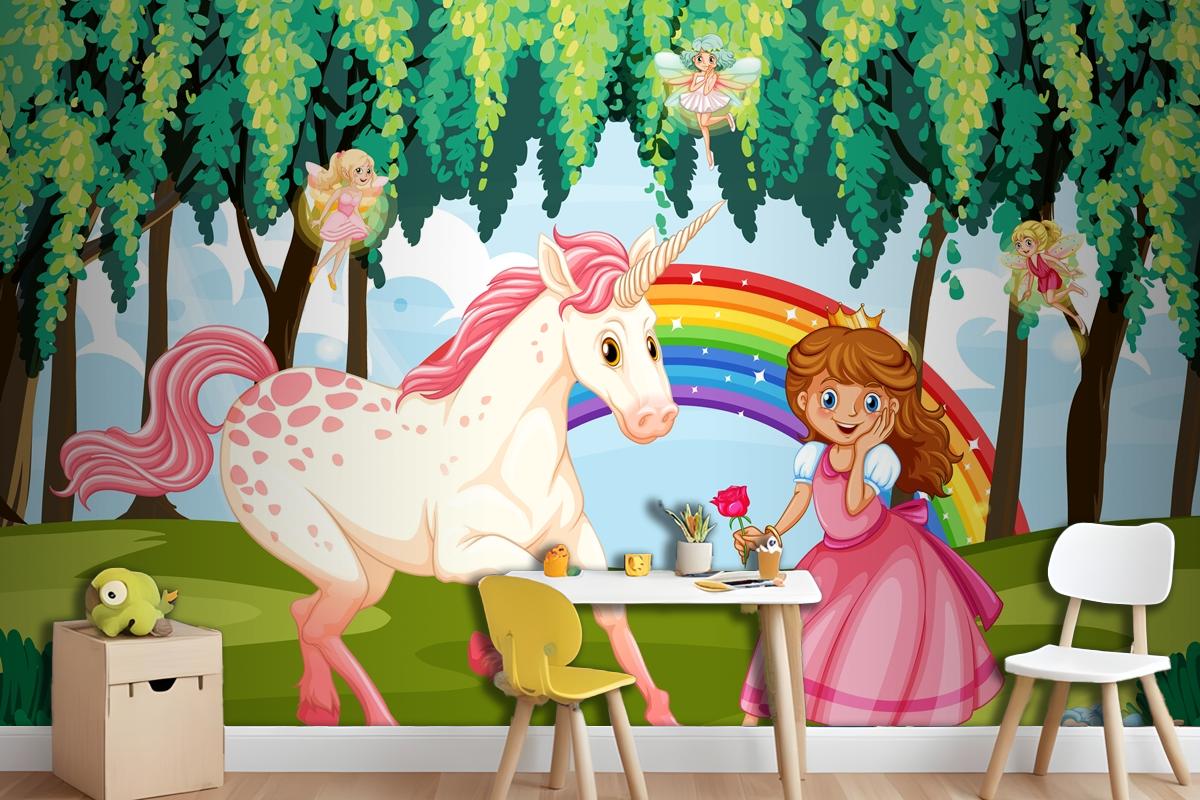 Princess And Unicorn In Enchanted Forest Background Wallpaper Mural