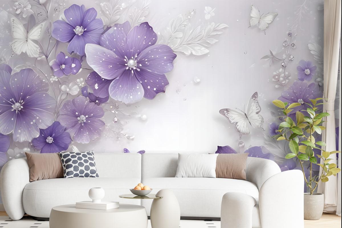 Purple Swarovski Floral With Little Butterfly Wallpaper Mural