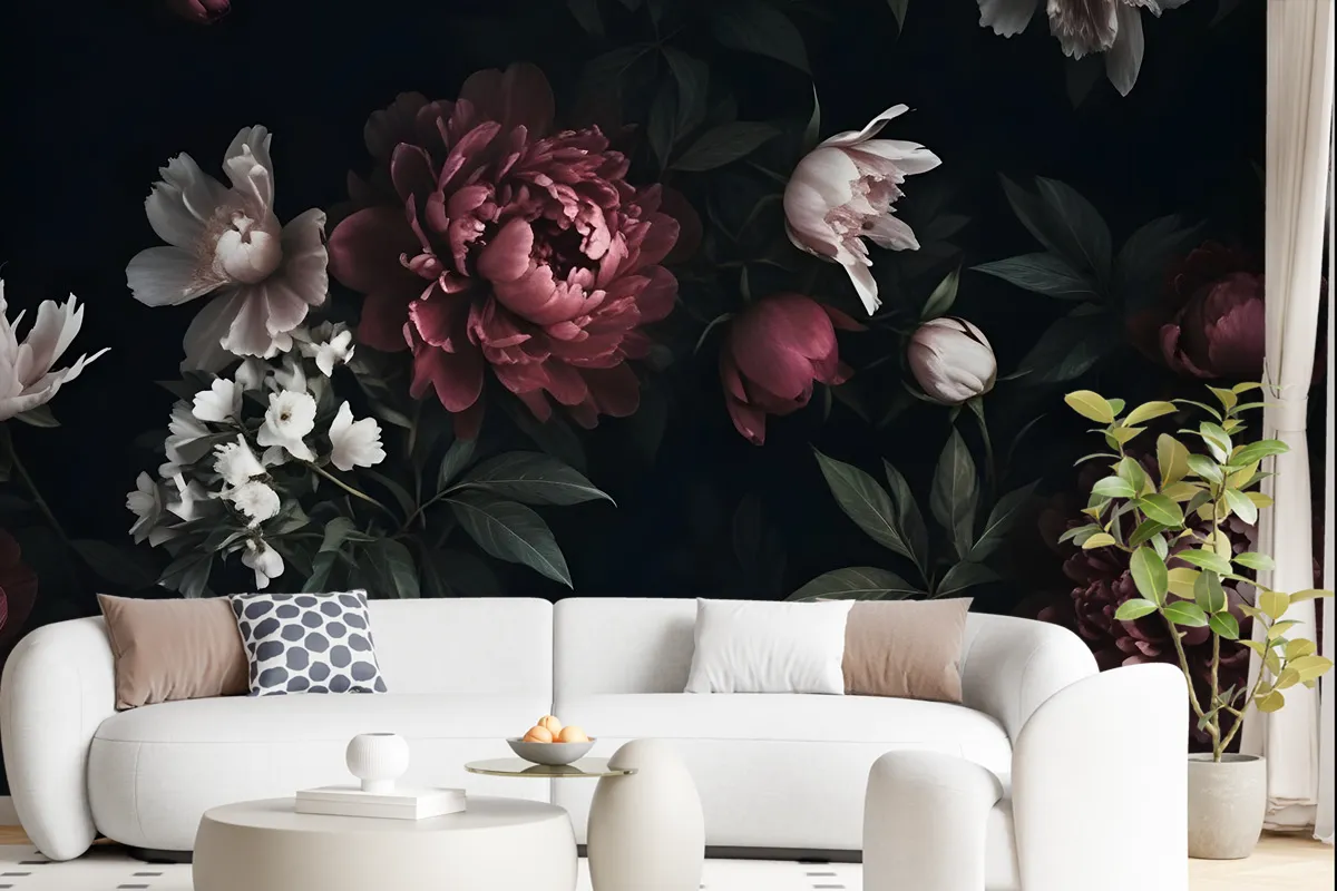 Realistic Dark Peony Floral Bouquet Wallpaper Mural