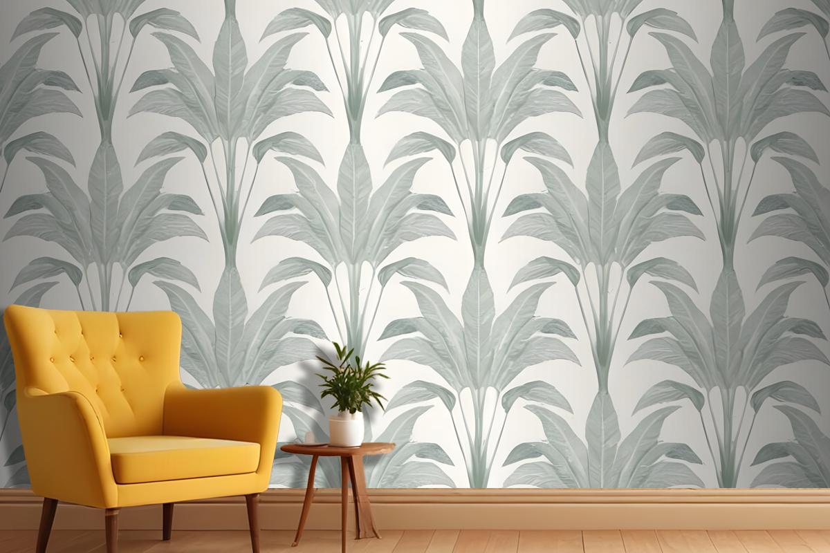 Repeating Pattern Of Large Green Palm Leaves Or Fronds Against A Light Gray Wallpaper Mural