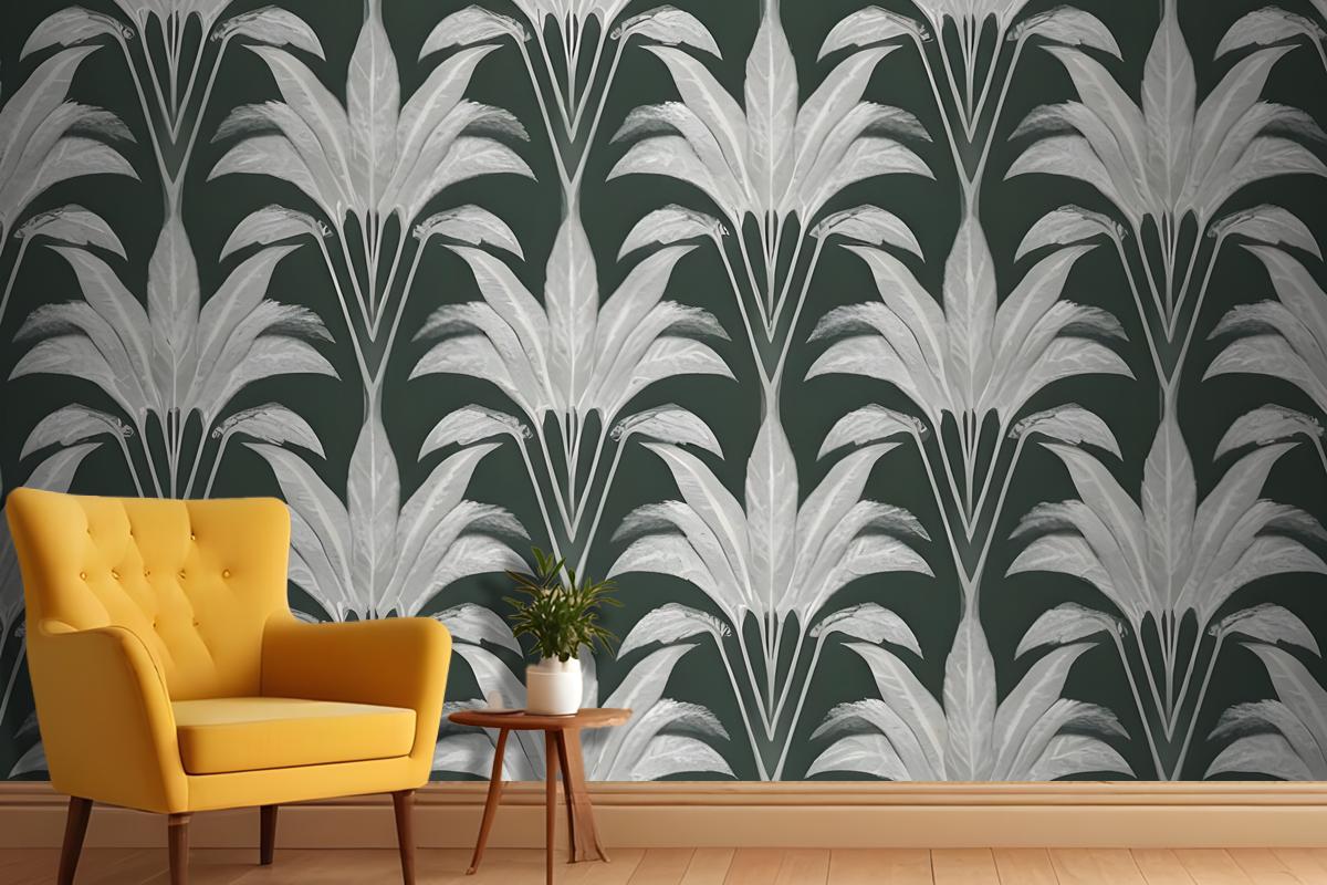 Repeating Pattern Of Leaflike Shapes In Shades Of Gray And White Against A Dark Green Wallpaper Mural