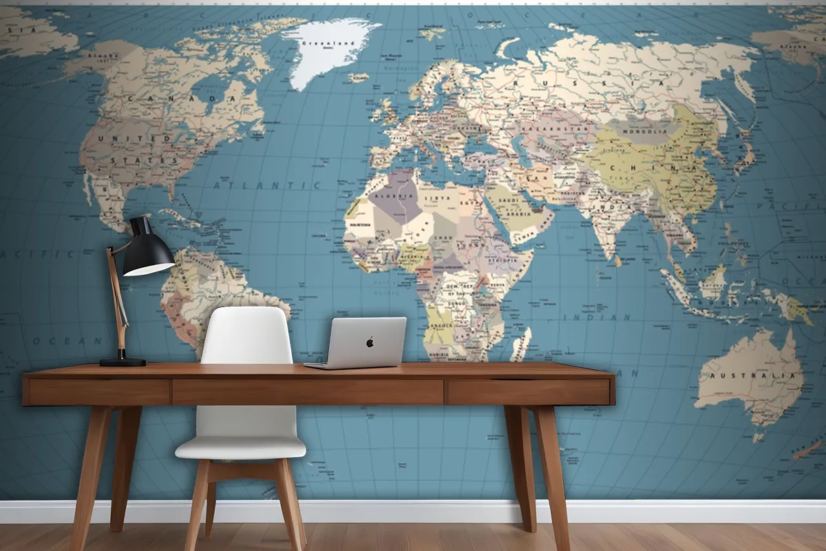 Retro Color World Map Borders Countries Roads And Cities Wallpaper Mural