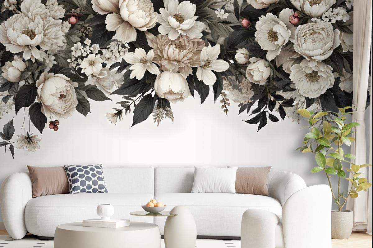 Retro Dark White Flowers Wallpaper Mural