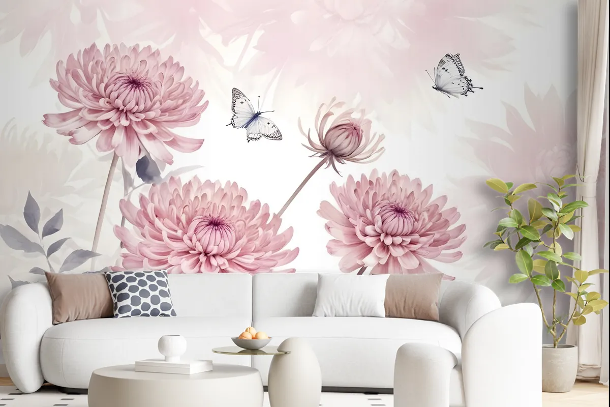 Retro Watercolor Pink Dandelion Flower Art Wallpaper Mural