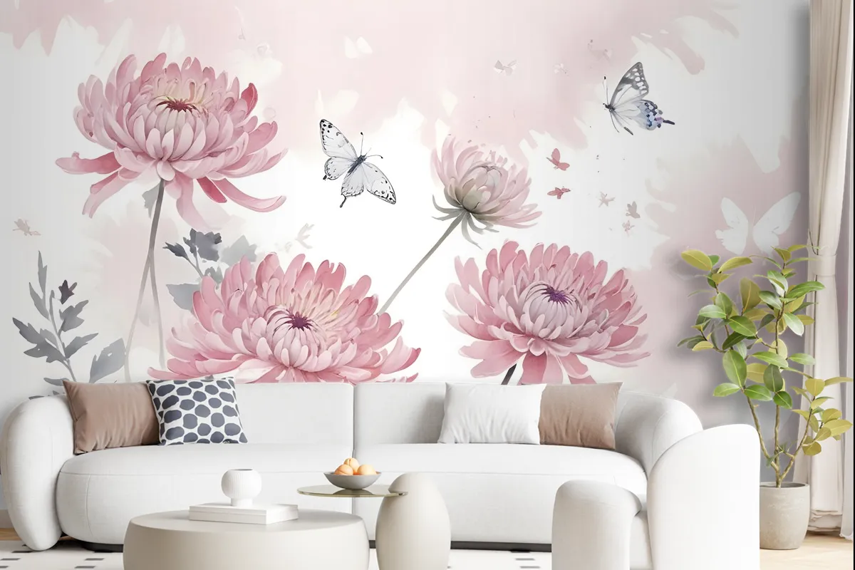 Retro Watercolor Pink Dandelion Flower Art Wallpaper Mural