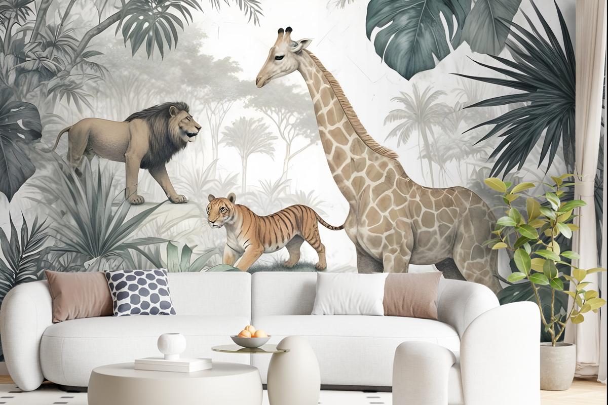 Retro Wild Animals With Tropical Leaves Wallpaper Mural