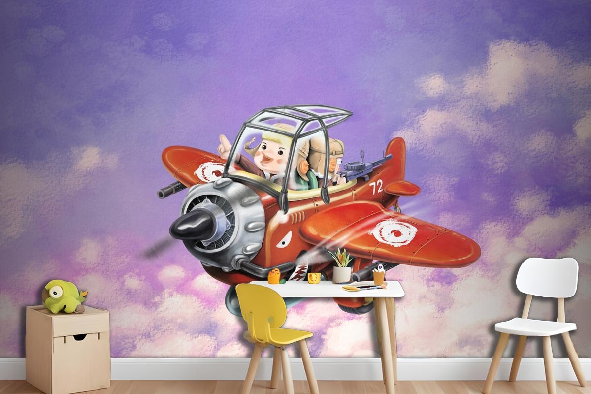 Riding A Red Plane Fly In The Sky Two Aviators Wallpaper Mural