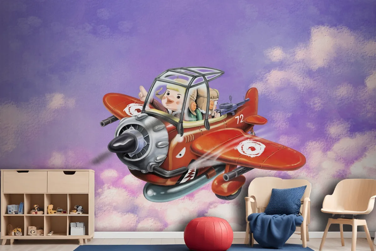 Riding A Red Plane Fly In The Sky Two Aviators Wallpaper Mural