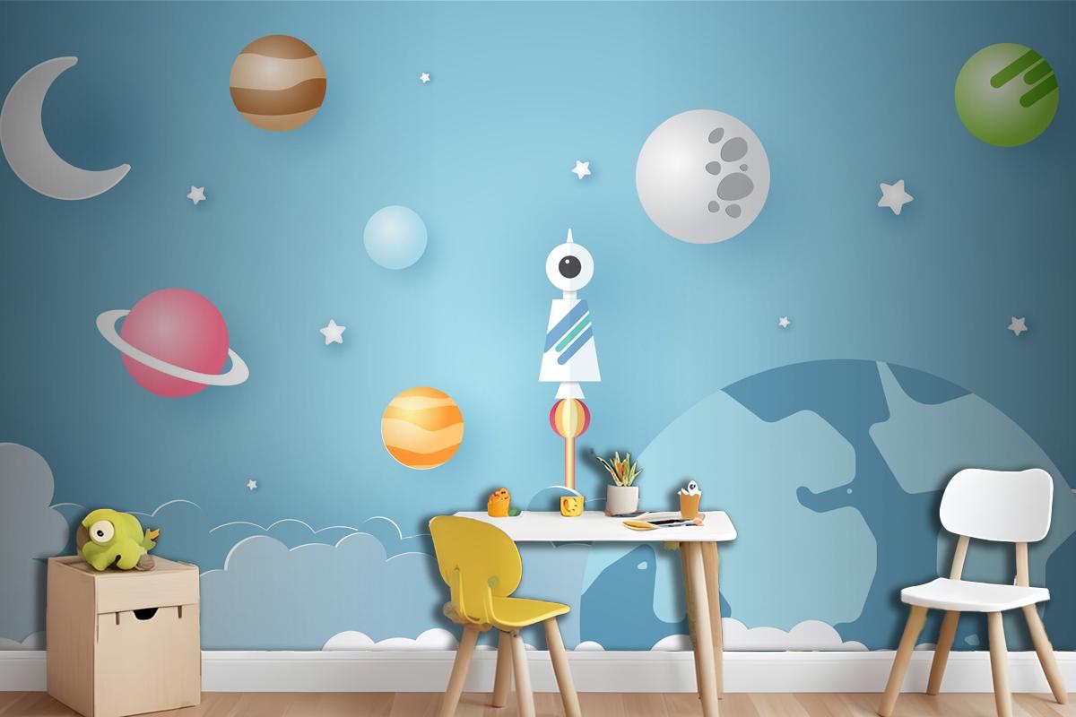 Rocket Is Surrounded By Various Celestial Objects Such As Planets Wallpaper Mural