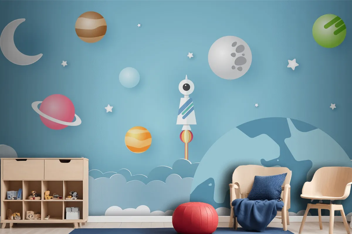 Rocket Is Surrounded By Various Celestial Objects Such As Planets Wallpaper Mural