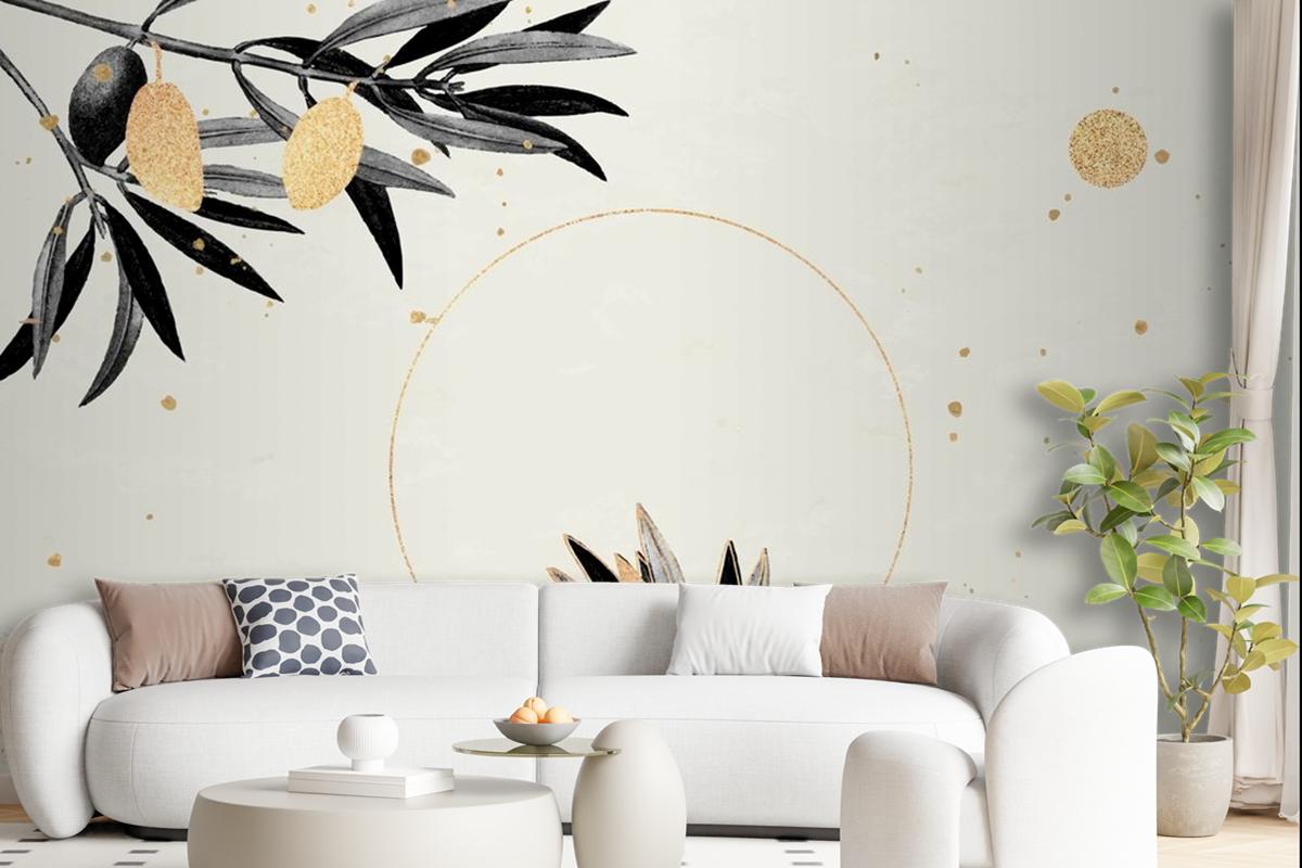 Round Gold Frame With Olive Branches Wallpaper Mural