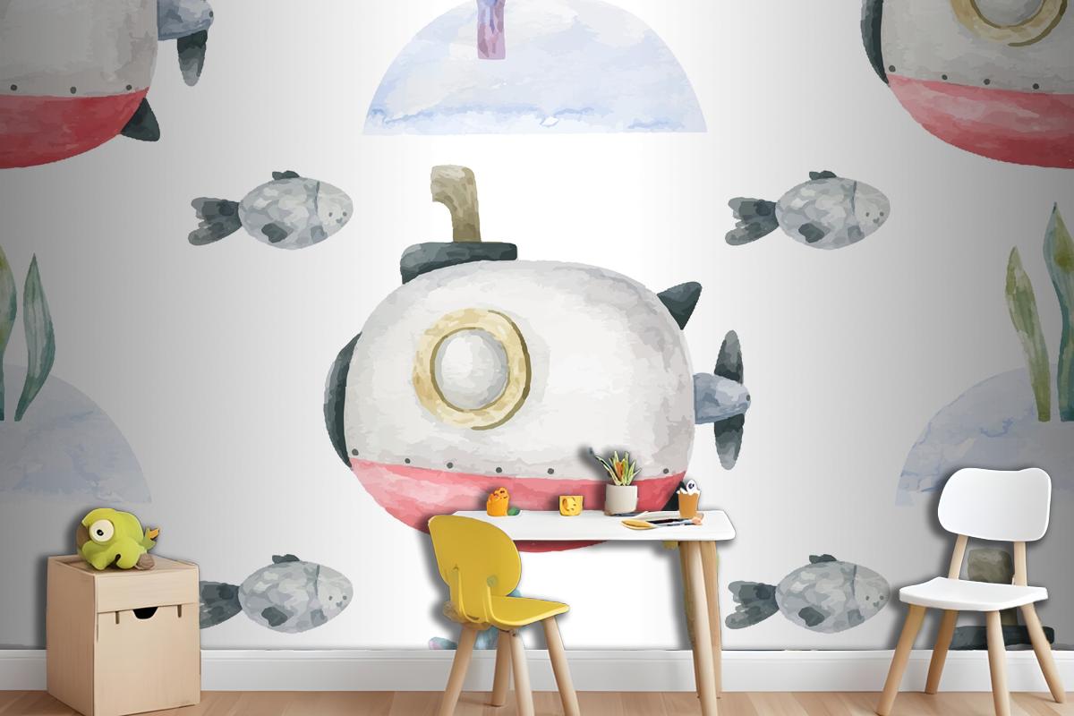 Seamless Background With Red Submarine And Underwater Wallpaper Mural