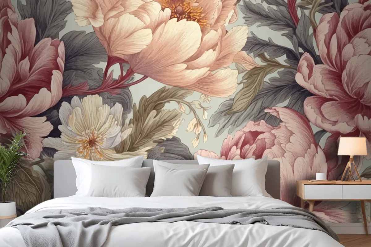 Seamless Boho Floral Pattern With Pink Peony Flowers Wallpaper Mural