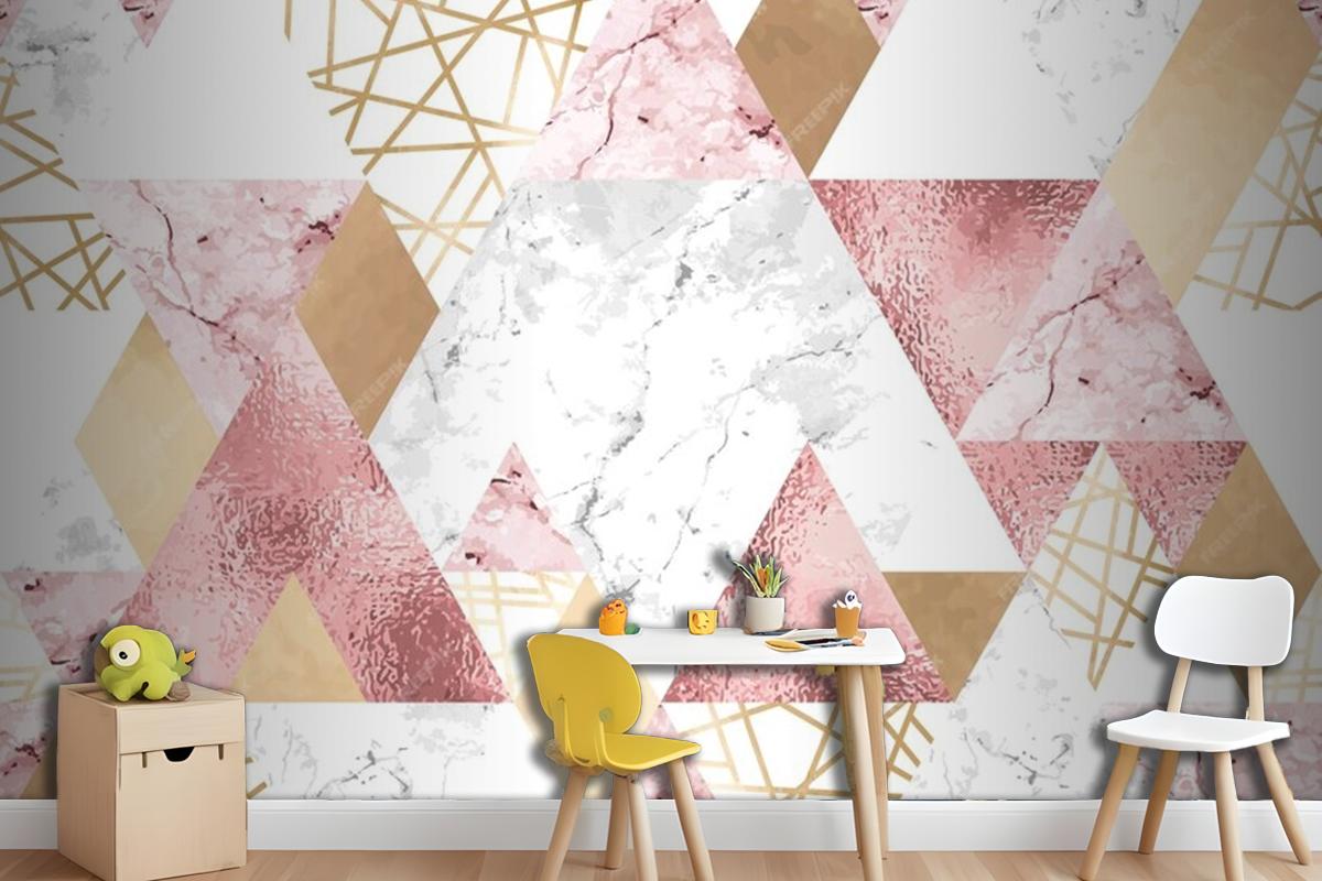 Seamless Geometric Pattern With Metallic Lines Rose Gold Gray And Pink Marble Triangles Wallpaper Mural