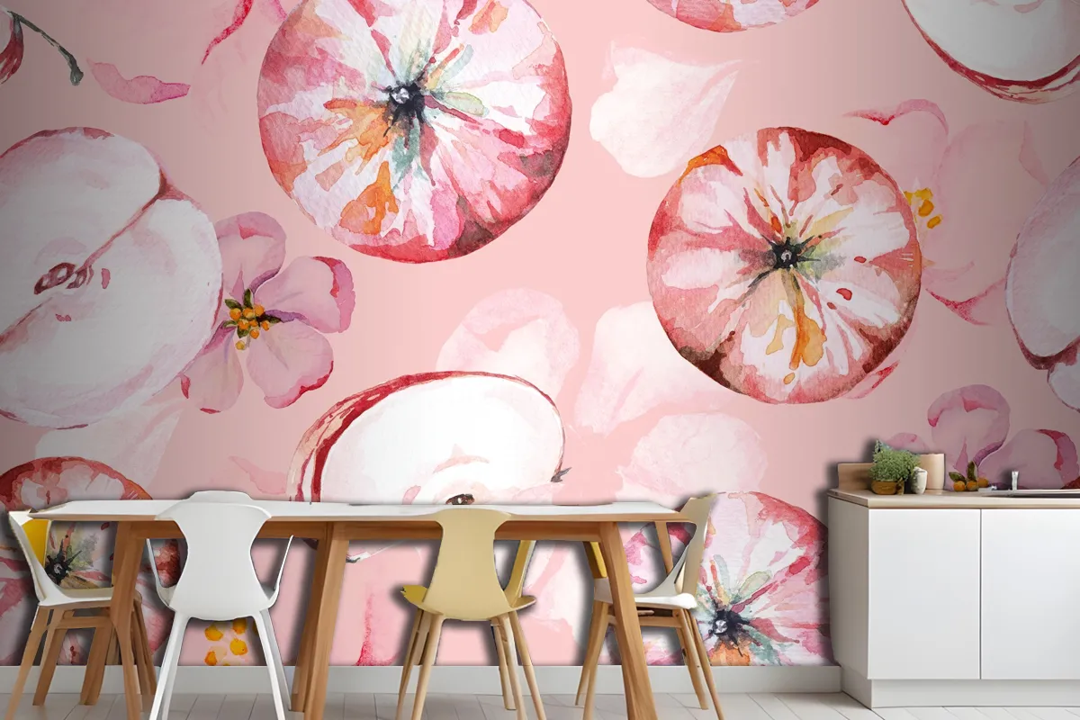 Seamless Pattern Apple And Flower Painted Wallpaper Mural