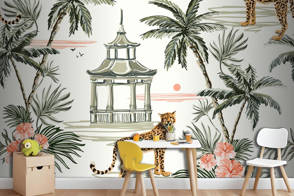 Seamless Pattern Background With Coconut Palm Trees Leopard Wallpaper Mural