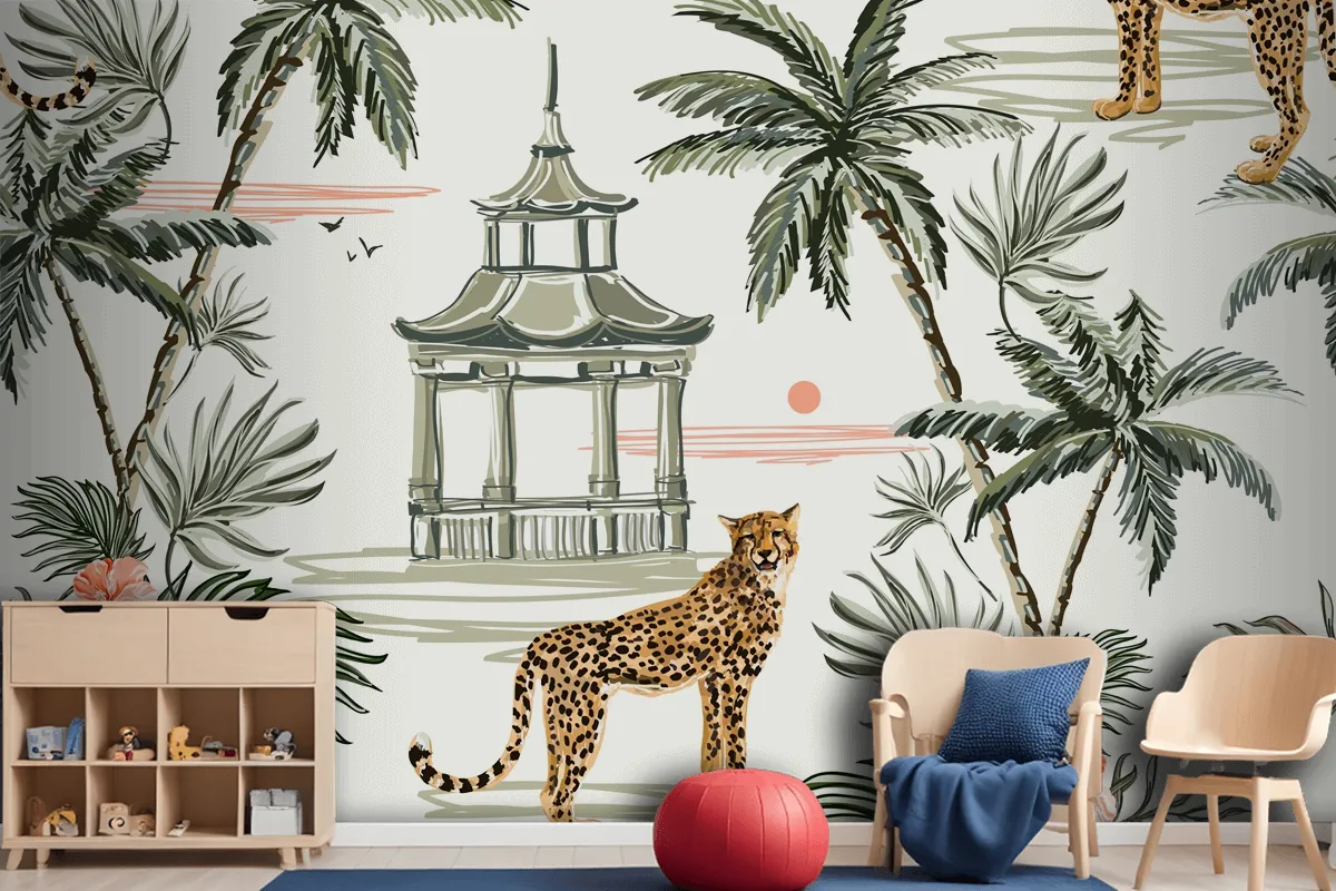 Seamless Pattern Background With Coconut Palm Trees Leopard Wallpaper Mural