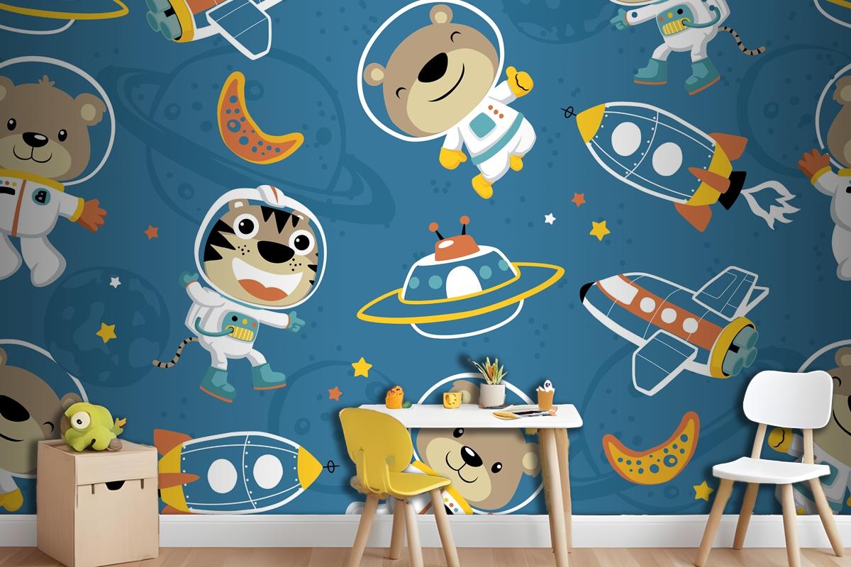 Seamless Pattern Of Funny Astronaut In Outer Space Transportation Wallpaper Mural