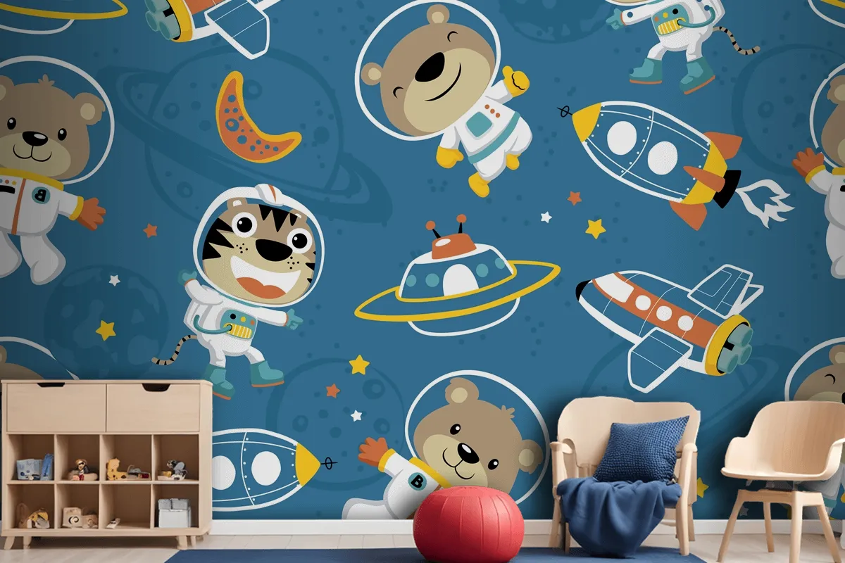 Seamless Pattern Of Funny Astronaut In Outer Space Transportation Wallpaper Mural