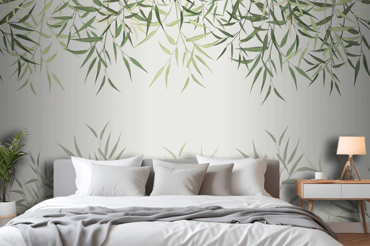 Seamless Pattern Of Reed Bamboo Leaves On A Light Background Wallpaper Mural