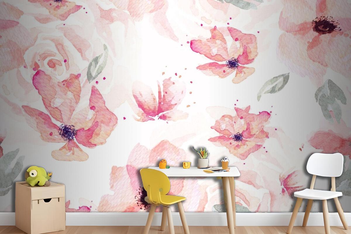 Seamless Pattern Of Rose And Orange Flowers Drawn Wallpaper Mural