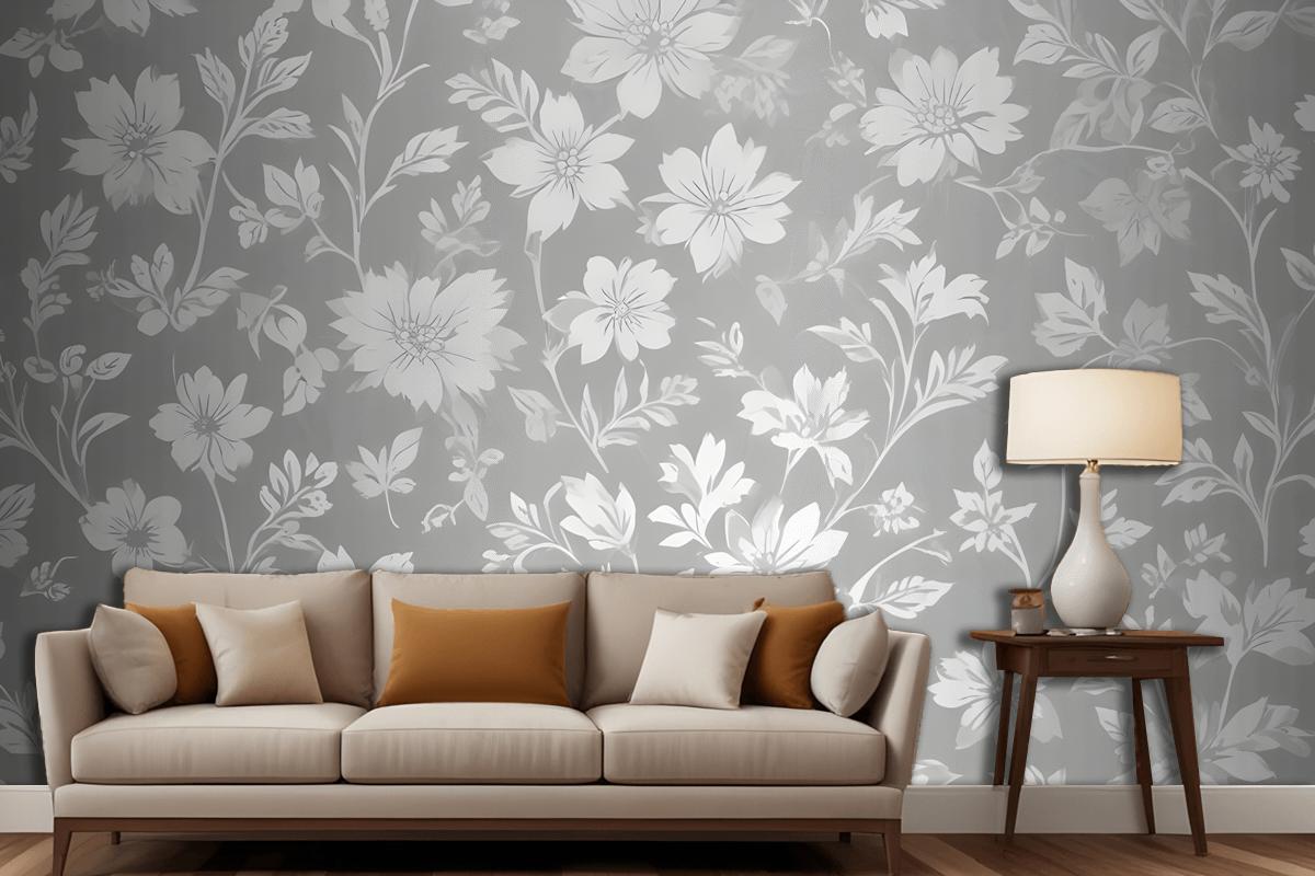 Seamless Pattern Of White Floral Silhouettes On A Light Gray Wallpaper Mural