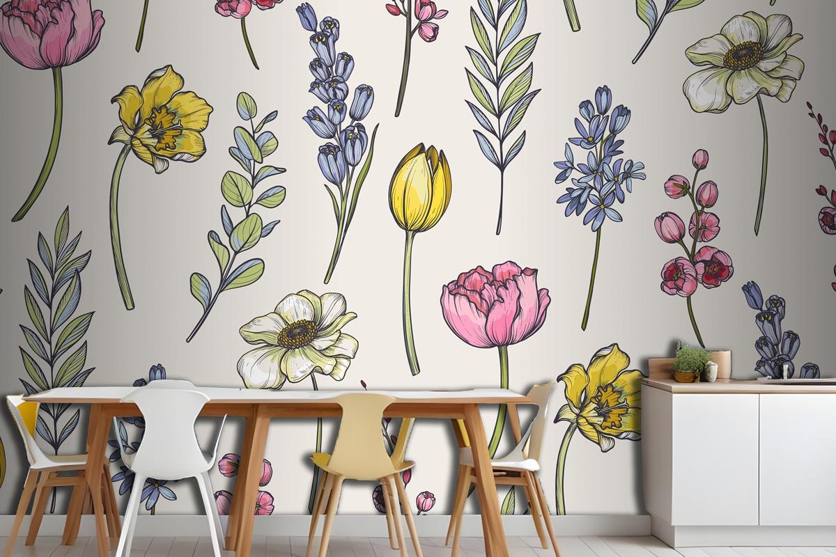 Seamless Pattern With Bouquets Of Spring Flowers Wallpaper Mural