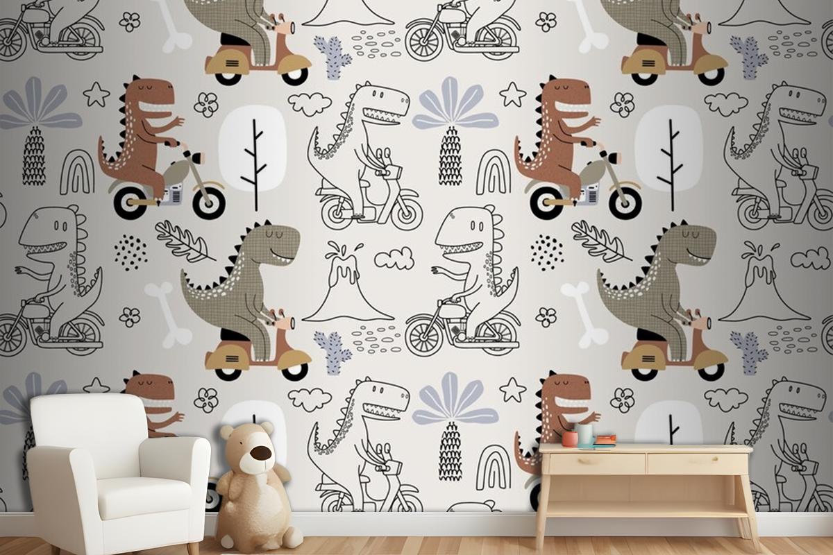 Seamless Pattern With Cute Dinosaur Riding A Motorbike Wallpaper Mural