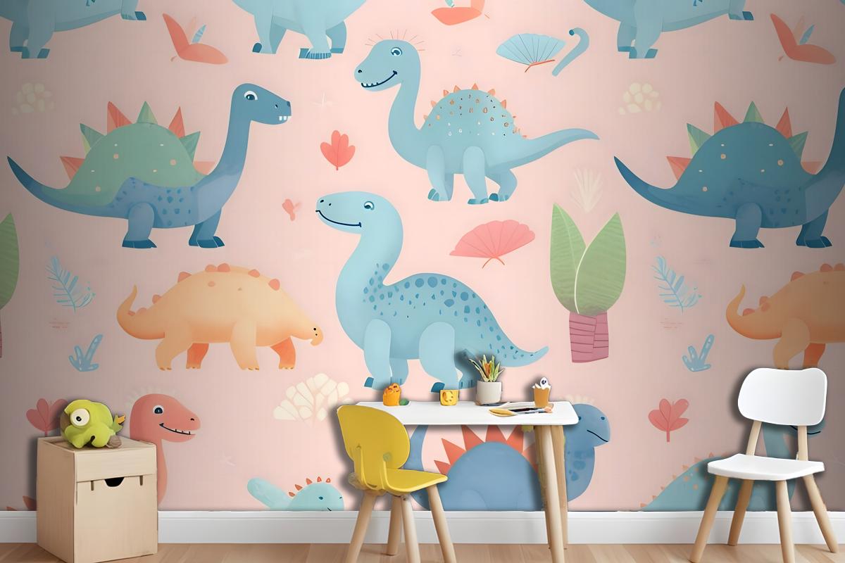 Seamless Pattern With Cute Dinosaurs Cute Dinosaurs Wallpaper Mural