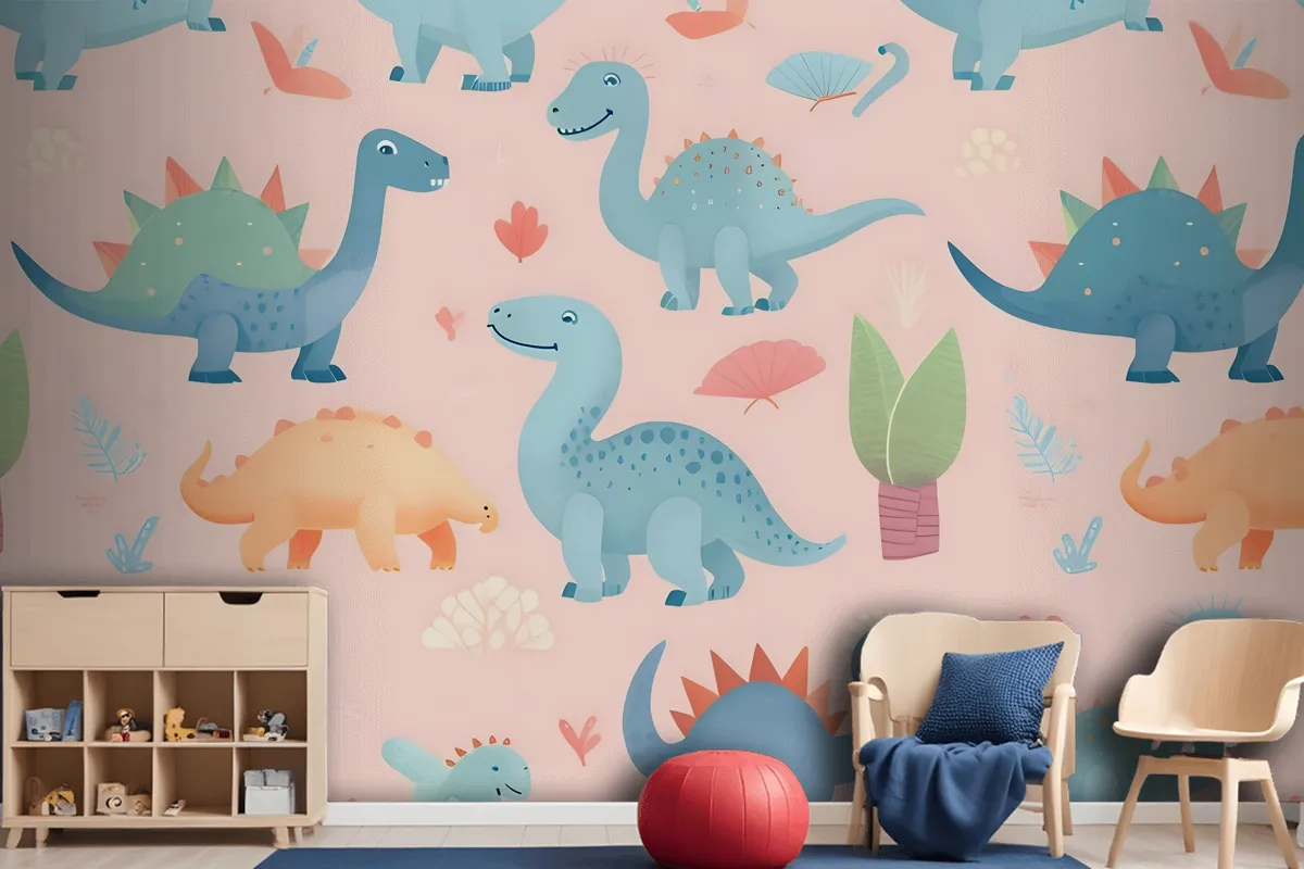 Seamless Pattern With Cute Dinosaurs Cute Dinosaurs Wallpaper Mural