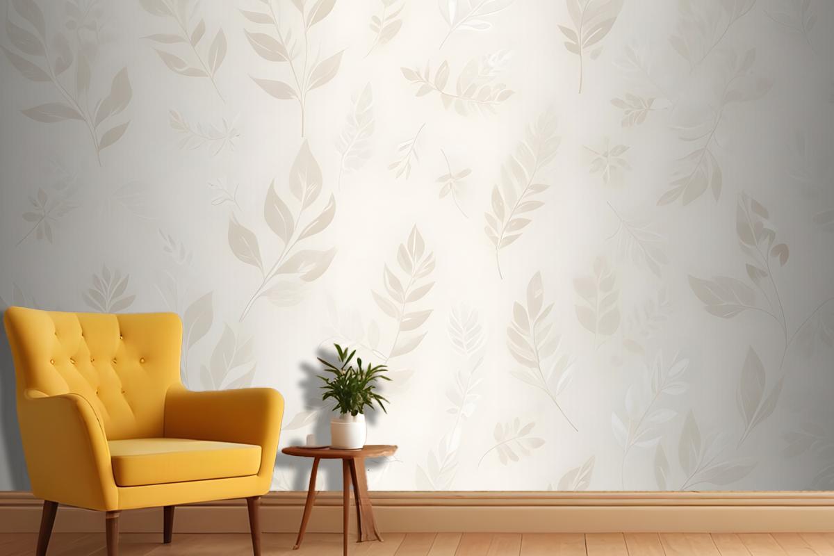 Seamless Pattern With Delicate White Leaves And Floral Elements On A Light Beige Wallpaper Mural