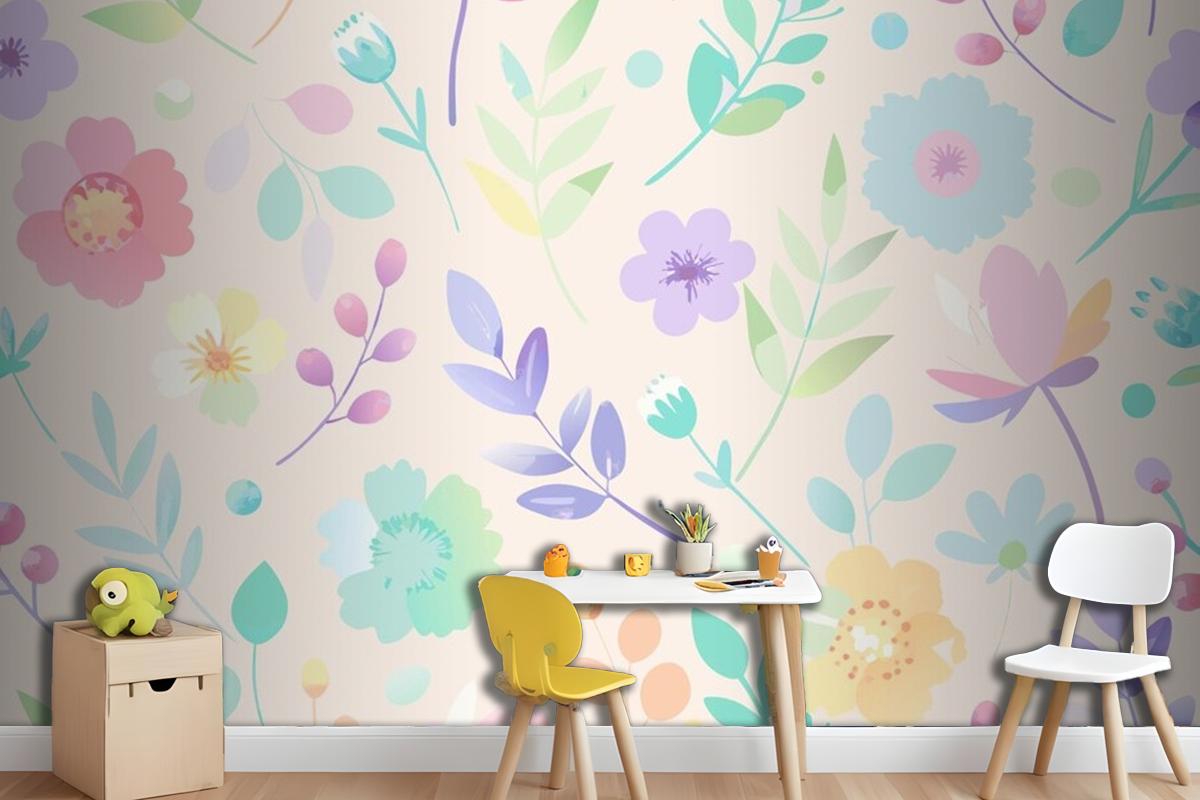 Seamless Pattern With Flowers And Leaves In Pastel Colors Wallpaper Mural